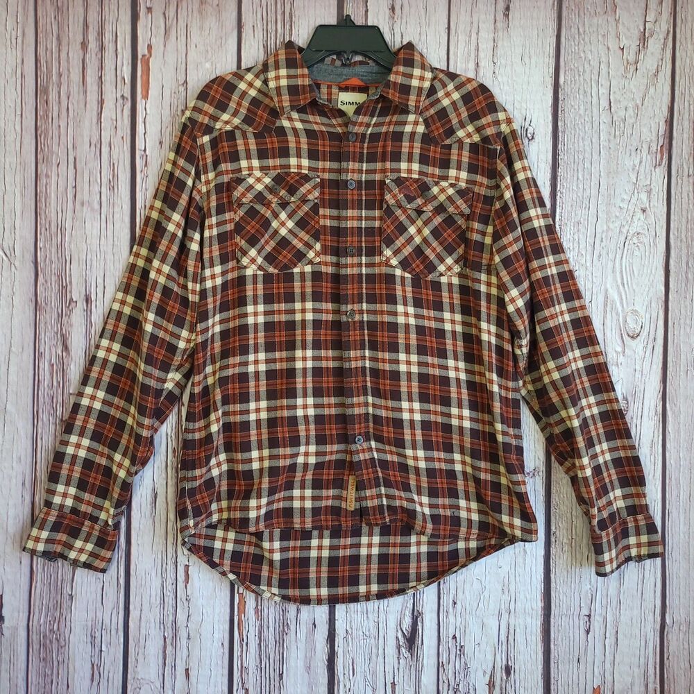 Simms M Flannel Plaid Button Shirt Brown Orange Santee Organic Cotton Recycled